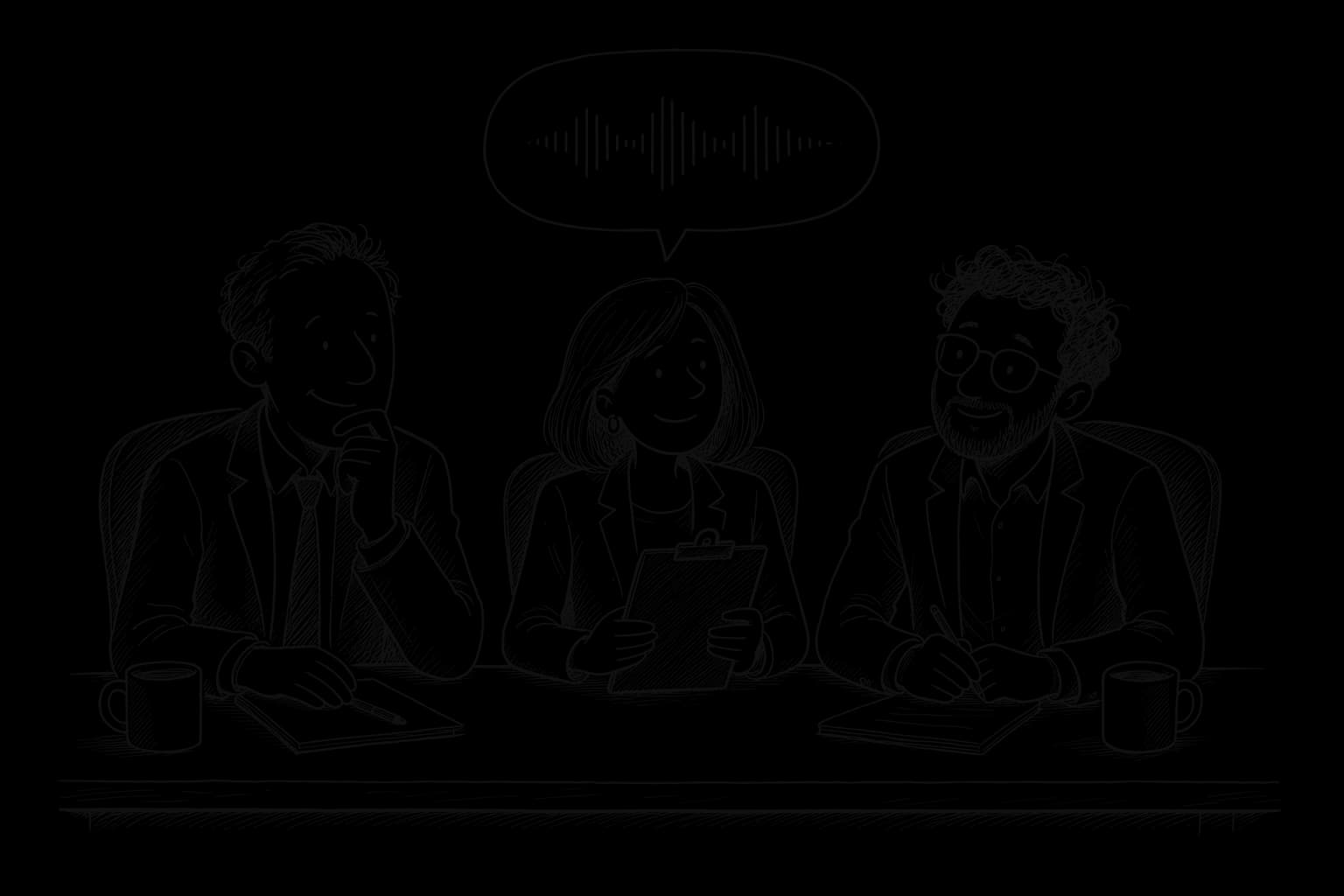 세 명의 AI 면접관이 나란히 앉아 음성으로 질문하는 잉크 일러스트